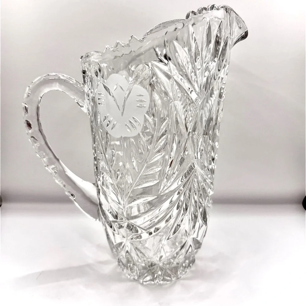 Vtg Cut Crystal Pitcher Heavy Lead‎ Glass w/ Frosted Flower & Fern Pattern 8.5